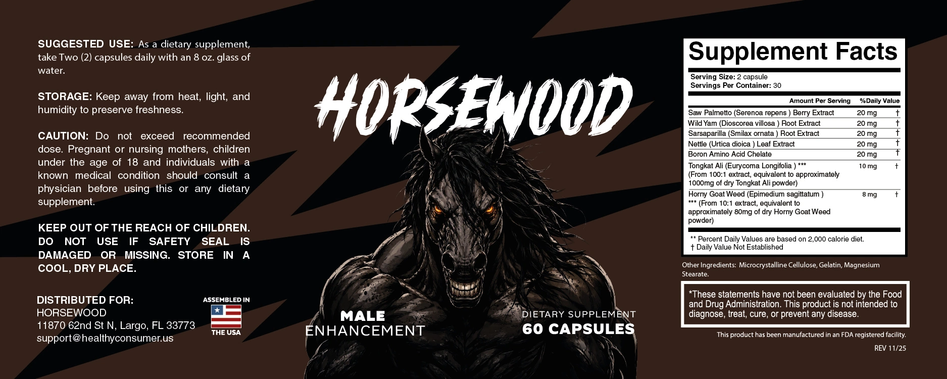 Horsewood supplement facts panel listing all seven botanicals with milligram amounts